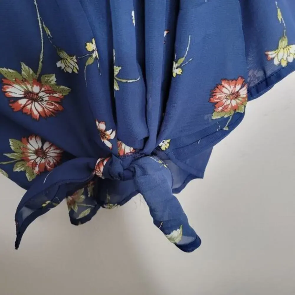 Beautees Top Girls Size Medium Tie Front Sheer Lace Trim Floral Blue Batwing - Picture 6 of 10